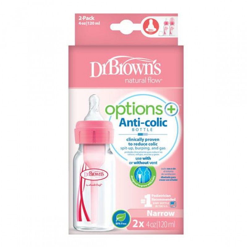 Anti-Colic Options+ Narrow Baby Bottle 120ml, PINK, 2-Pack With Level 1 Slow Flow Nipple