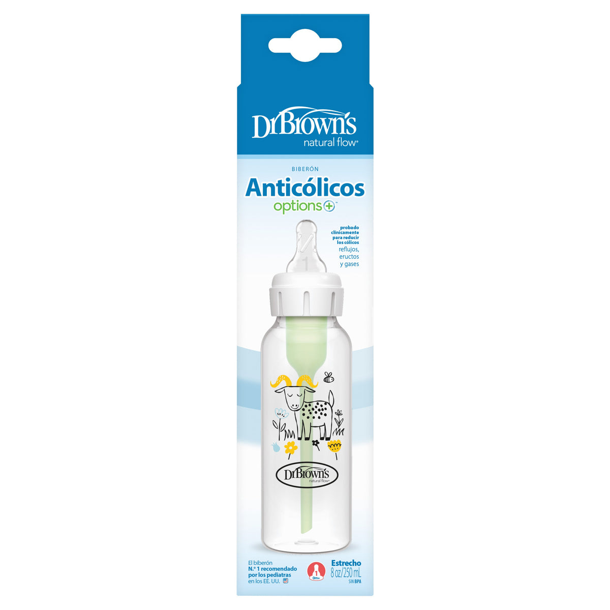 Anti-Colic Options+ Narrow Baby Bottle 250ml Single Bottle With Level 1 Slow Flow Nipple - Goat Design