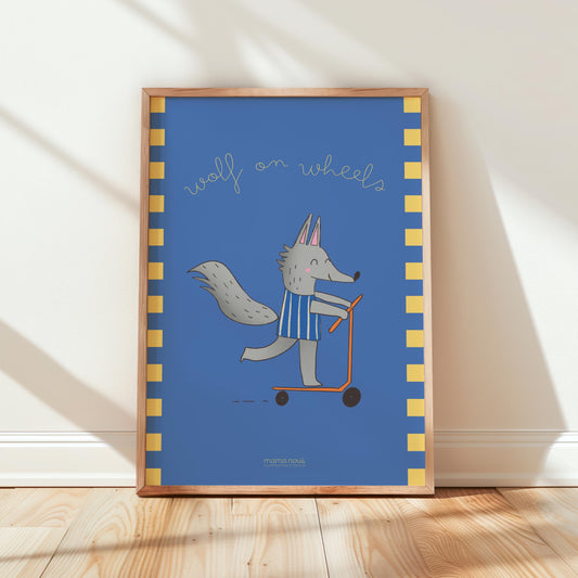 “Wolf on Wheels” Print - Blue - A3
