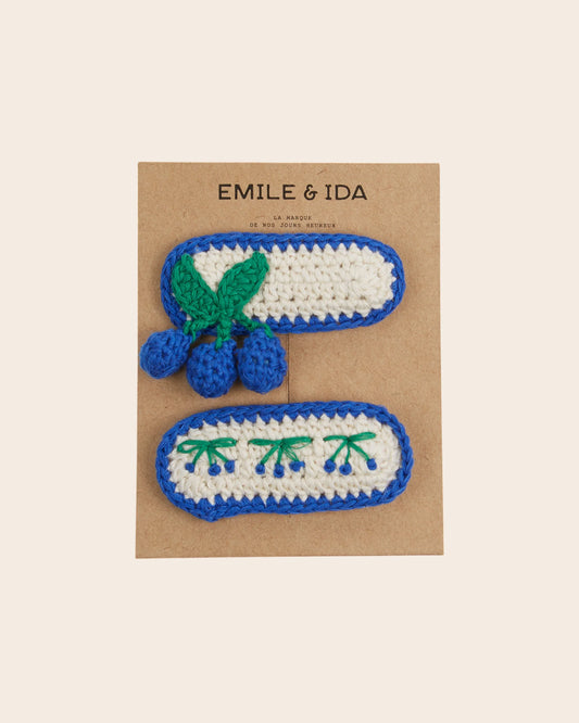 Crochet Cherry Barrettes - Blue
