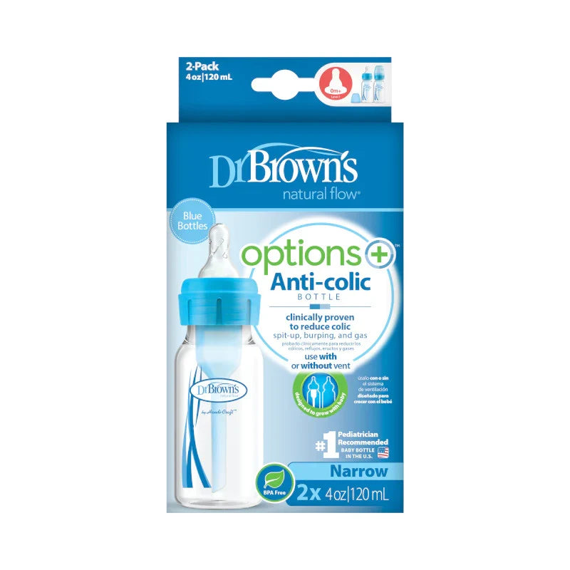 Anti-Colic Options+ Narrow Baby Bottle 120ml, BLUE, 2-Pack With Level 1 Slow Flow Nipple