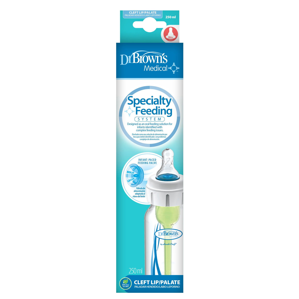 Anti-Colic Options+ Narrow Specialty Feeding Bottle / Cleft Palate 250 ml Single With Level 1 Slow Flow Nipple