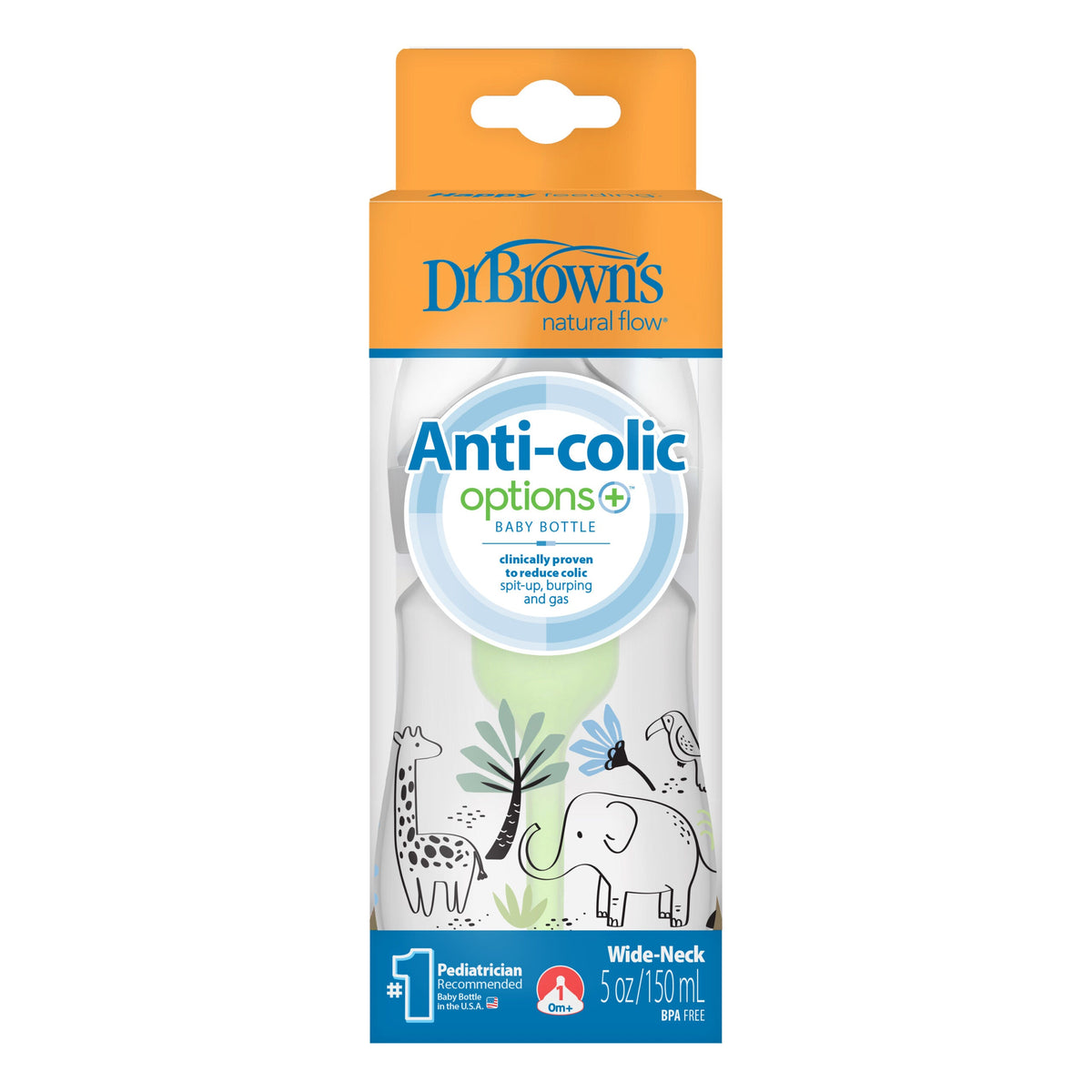 Anti-Colic Options+ Wide-Neck Baby Bottle 150mL Jungle Elephant With Level 1 Teat