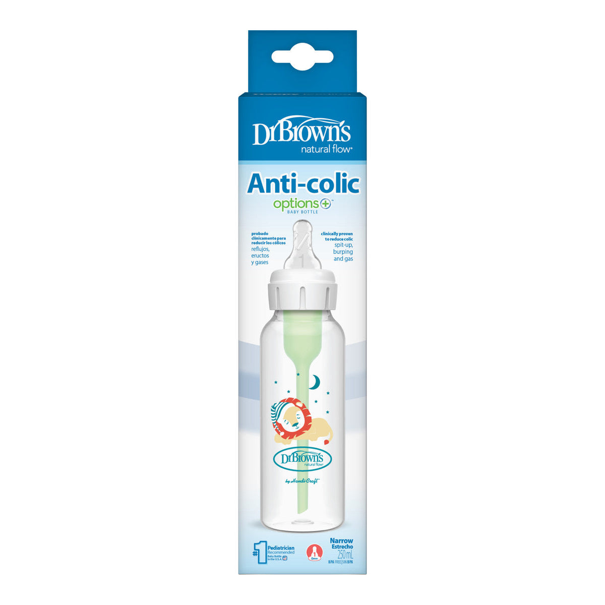 Anti-Colic Options+ Narrow Baby Bottle 250ml Single Bottle With Level 1 Slow Flow Nipple -Lion Design