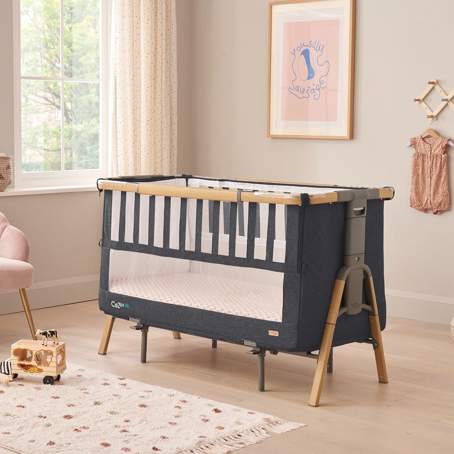 Cozee XL Bedside Crib & Cot - Oak/Licorice
