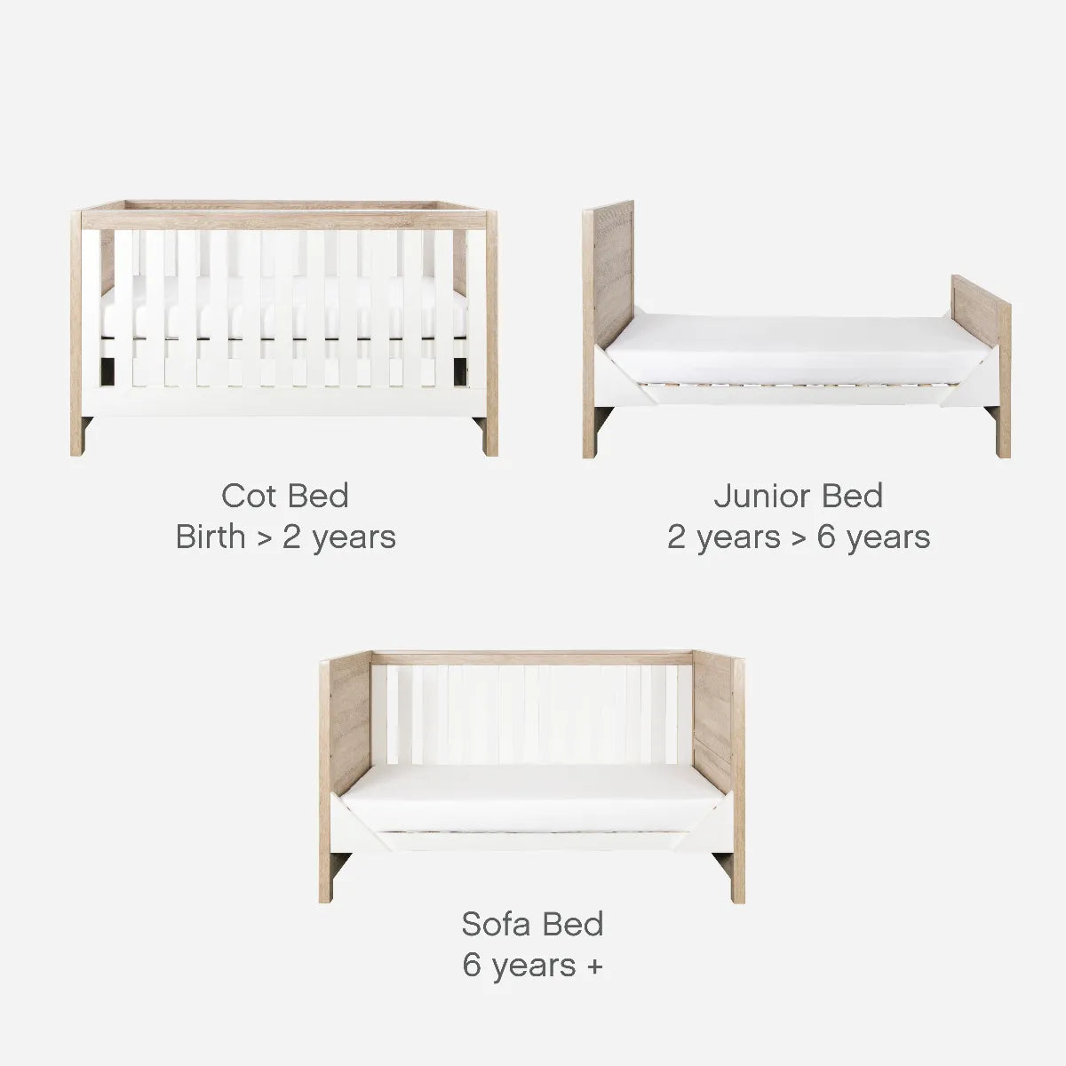 Modena 3 in 1 Cot Bed & Mattress with Changing Unit - White/Oak