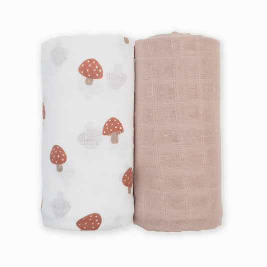Cotton Muslin Blankets, Pack of 2 - Mushrooms/Beige