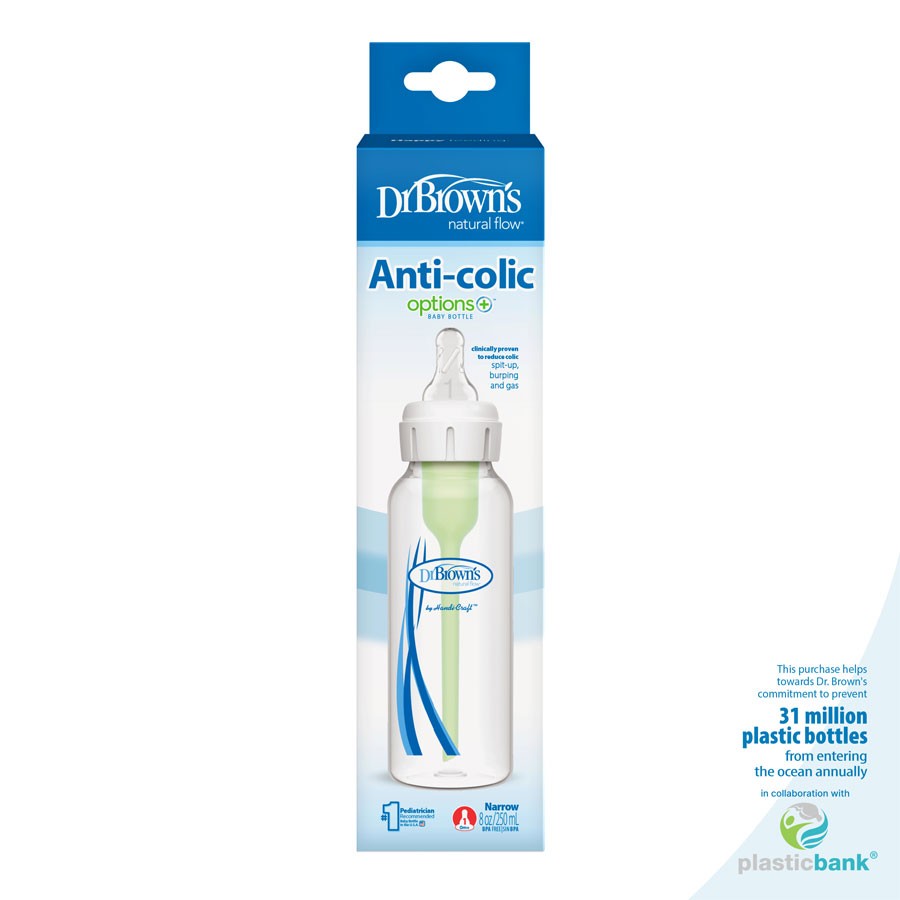 Natural Flow® Anti-Colic Options+™ Narrow Baby Bottle, with Level 1 Slow Flow Nipple - 250ml