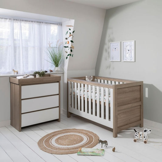 Modena 3 in 1 Cot Bed & Mattress with Changing Unit - White/Oak