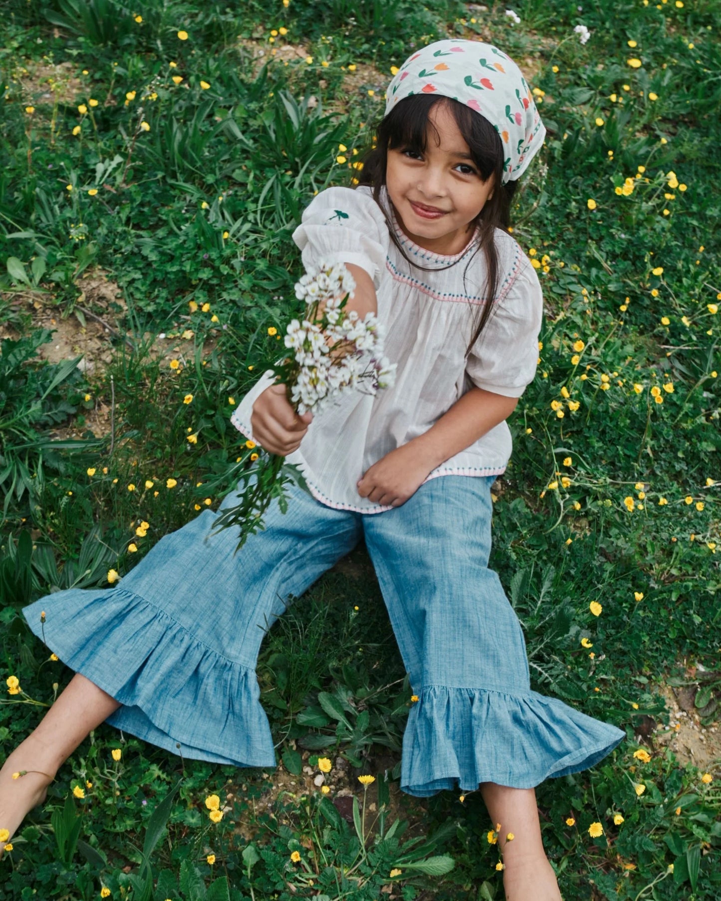 Embroidered Blouse with Chambray Pants Set