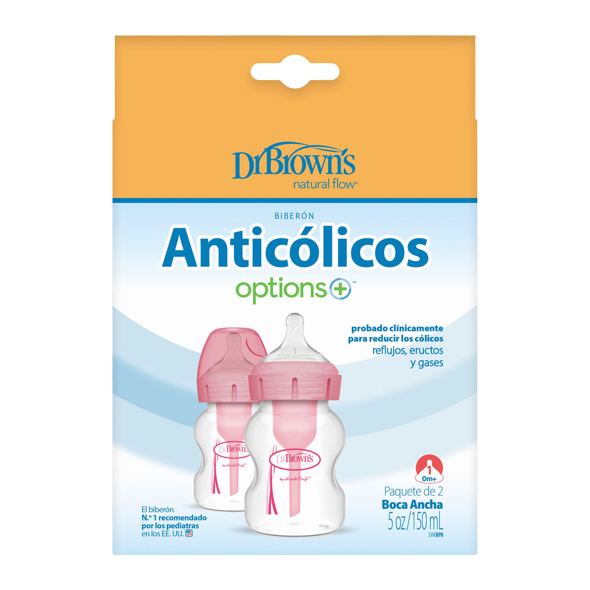 Options+ Anti-Colic Wide Neck Bottle 150ml With Level 1 Teat,Twin Pack Pink