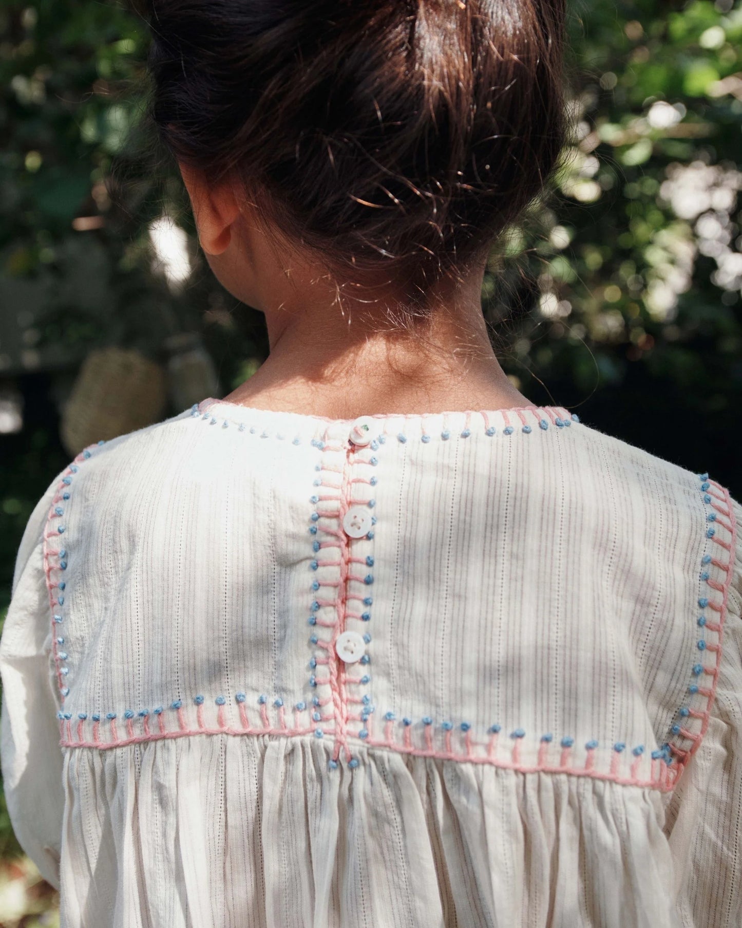 Embroidered Blouse with Chambray Pants Set
