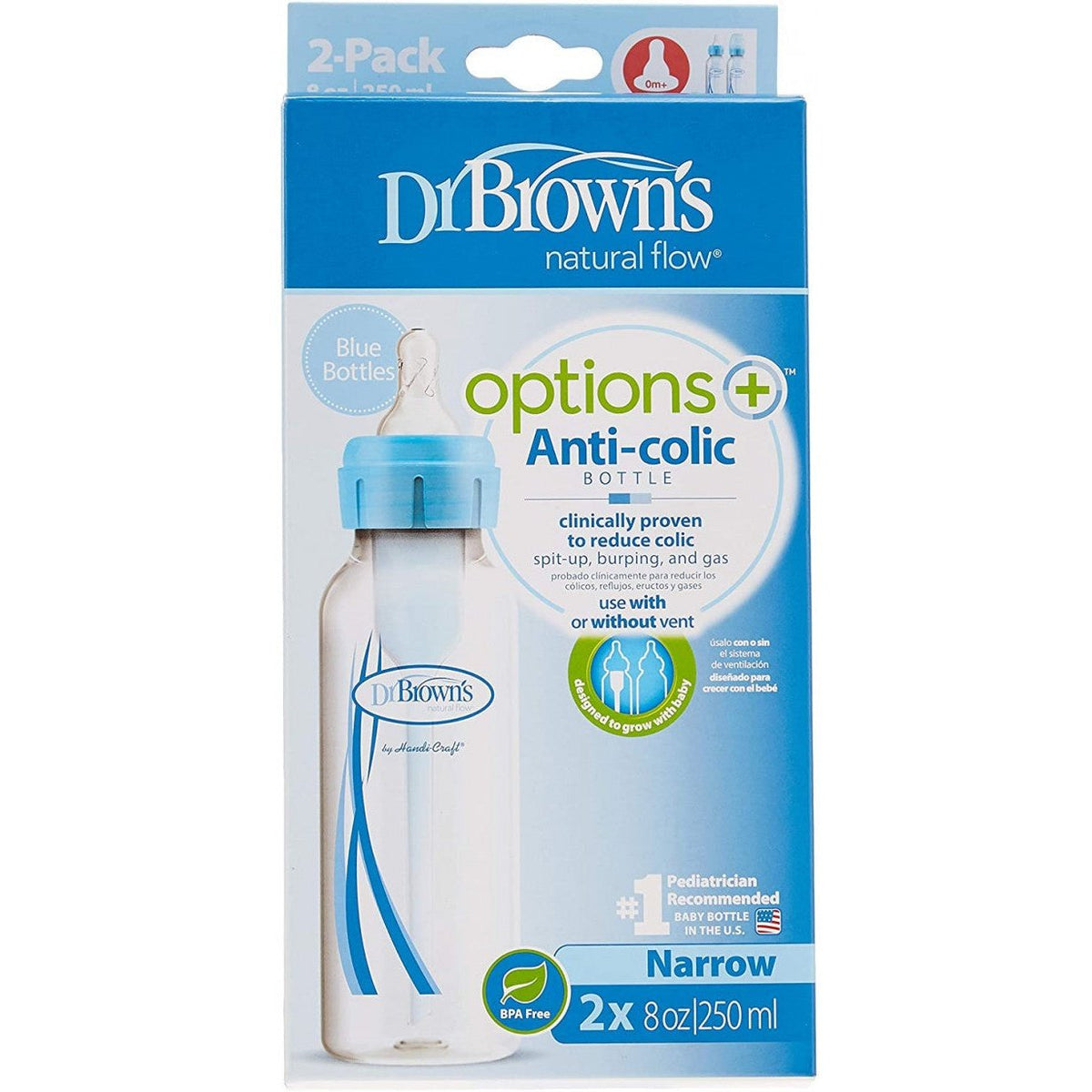 Anti-Colic Options+ Narrow Baby Bottle 250 ml, BLUE, 2-Pack With Level 1 Slow Flow Nipple