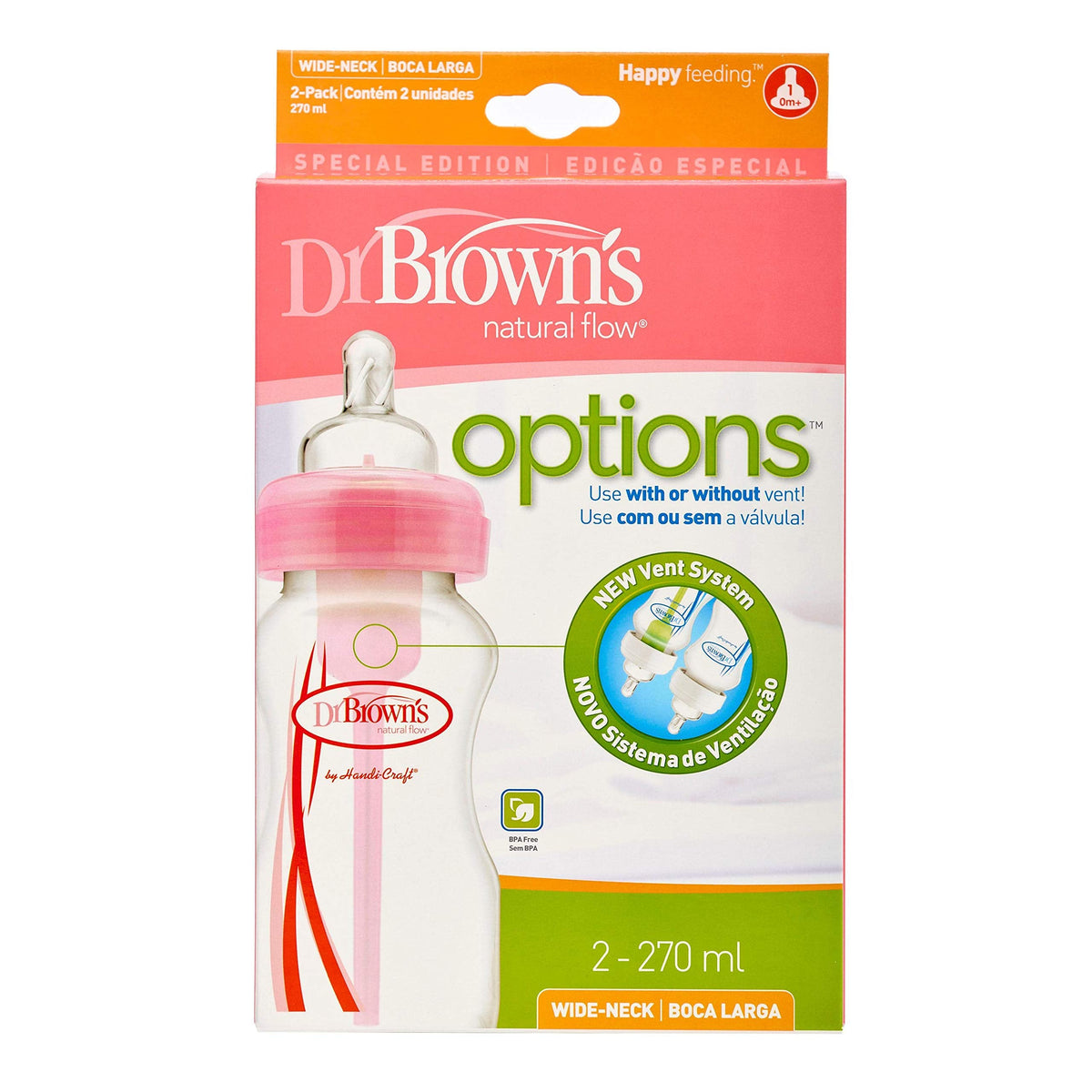 270 Ml Anti-Colic Options+ Wide-Neck Bottle With Level 1 Teat, Twin Pack,Pink