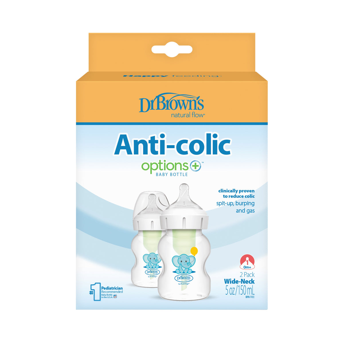 Options+ Anti-Colic Wide Neck Bottle 150ml With Level 1 Teat,Twin Pack Blue Elephant