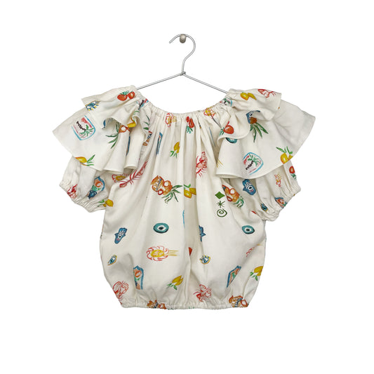 Mediterranean Print Ruffled Top