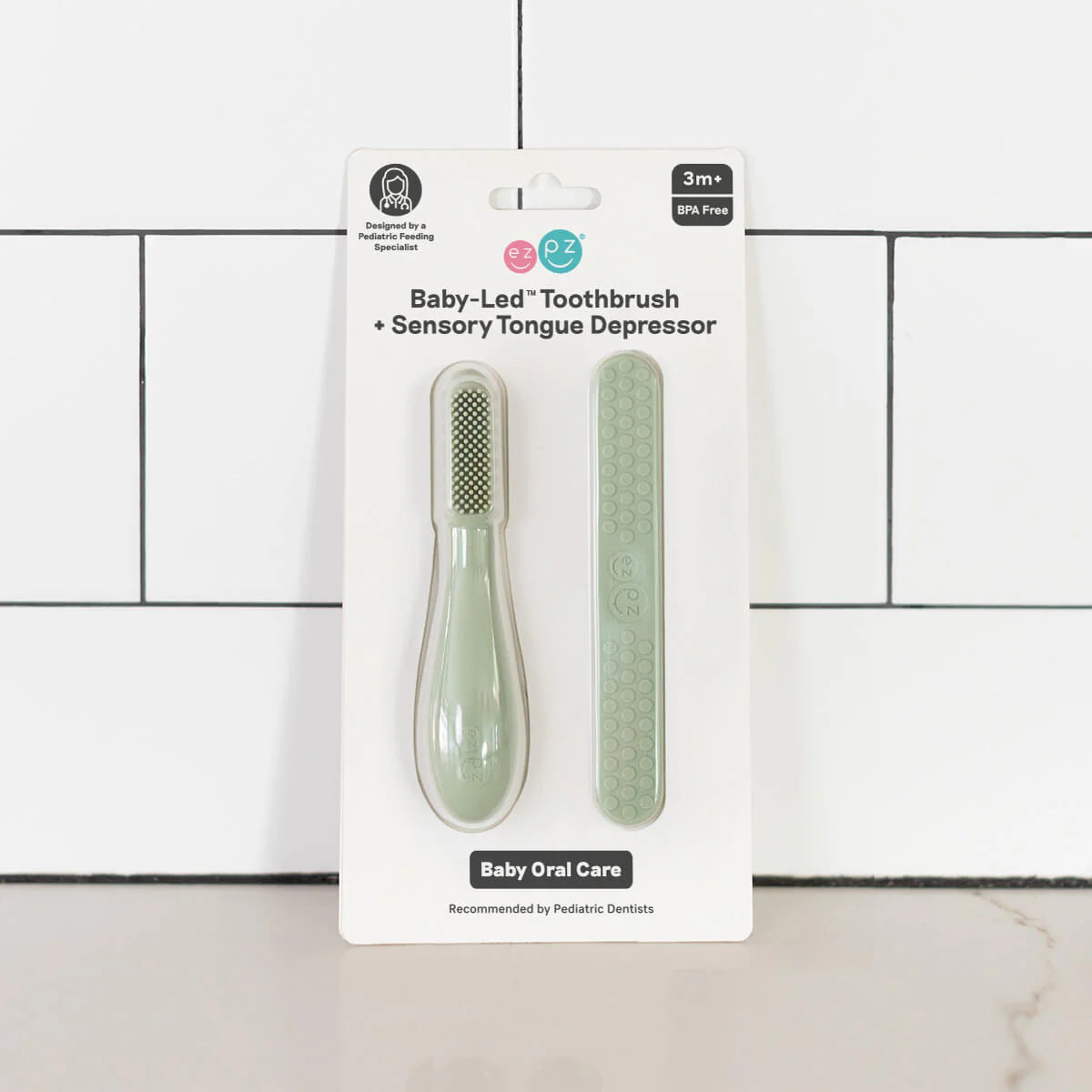 Baby-Led Toothbrush + Sensory Tongue Depressor Dual Pack - Sage