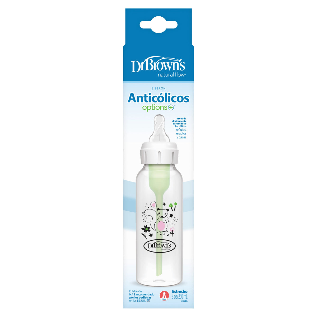 Anti-Colic Options+ Narrow Baby Bottle 250ml Single Bottle With Level 1 Slow Flow Nipple - Squirrel Design