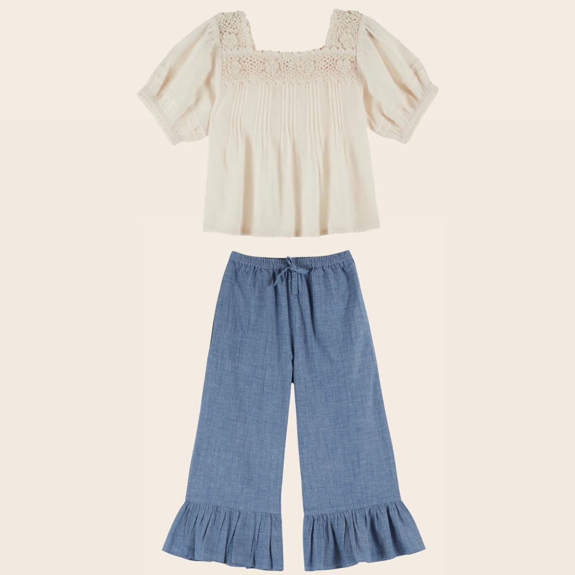 Crochet Blouse with Chambray Pants Set