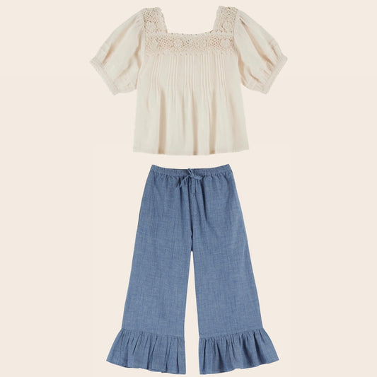 Crochet Blouse with Chambray Pants Set