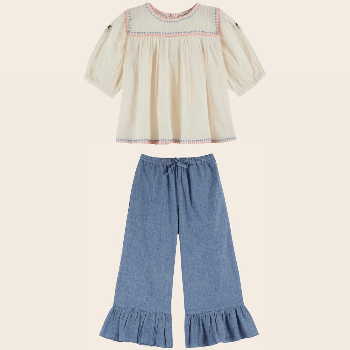 Embroidered Blouse with Chambray Pants Set