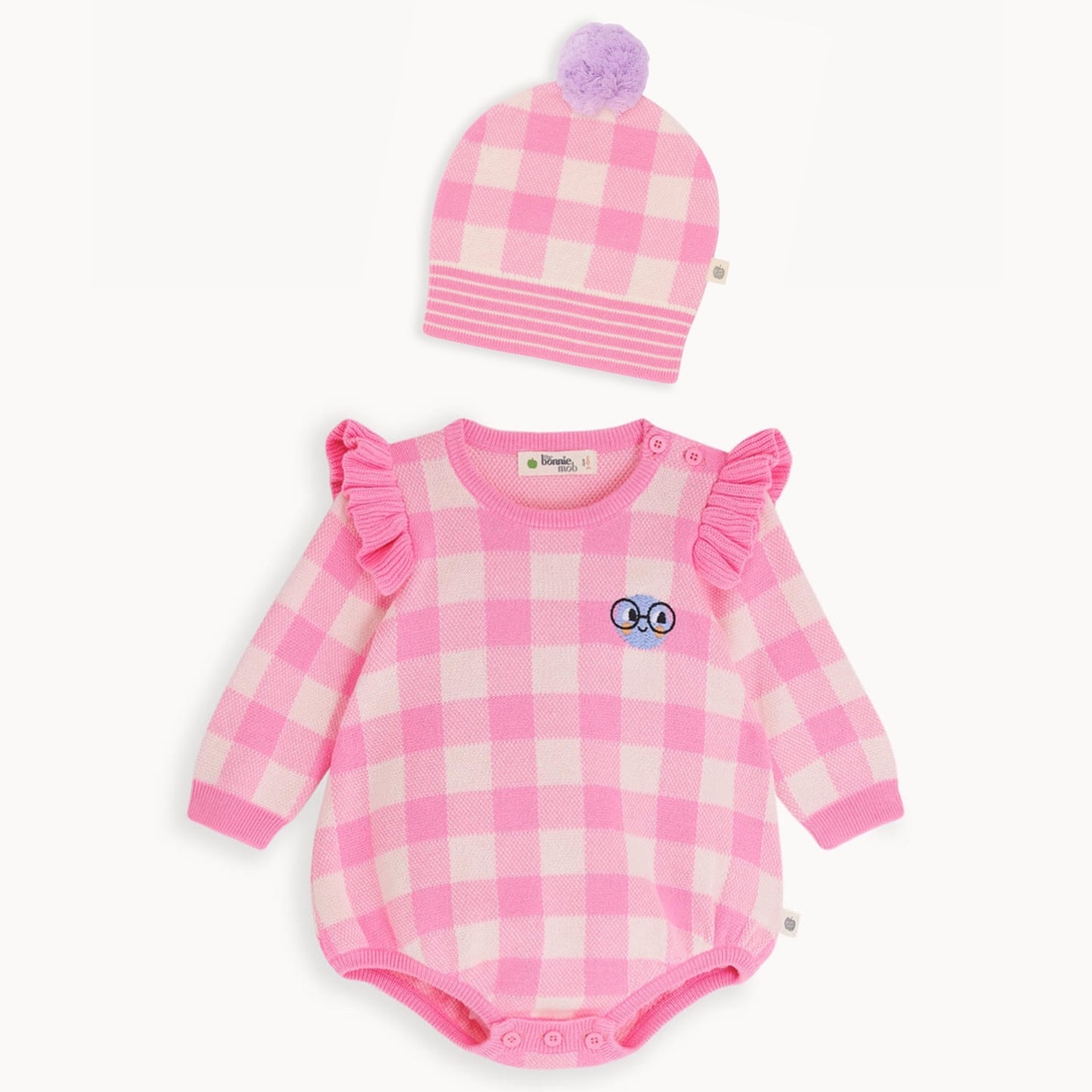 Check Jaquard Knit Romper & Hat - Pink