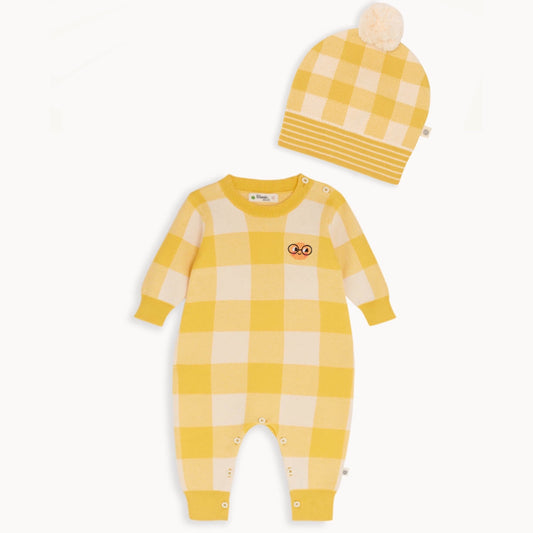 Check Jaquard Knit Playsuit & Hat - Yellow