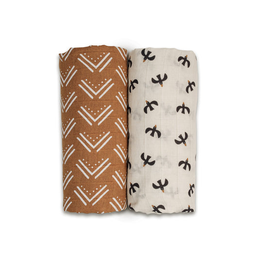 Cotton Muslin Blankets, Pack of 2 - Mudcloth/Black Birds