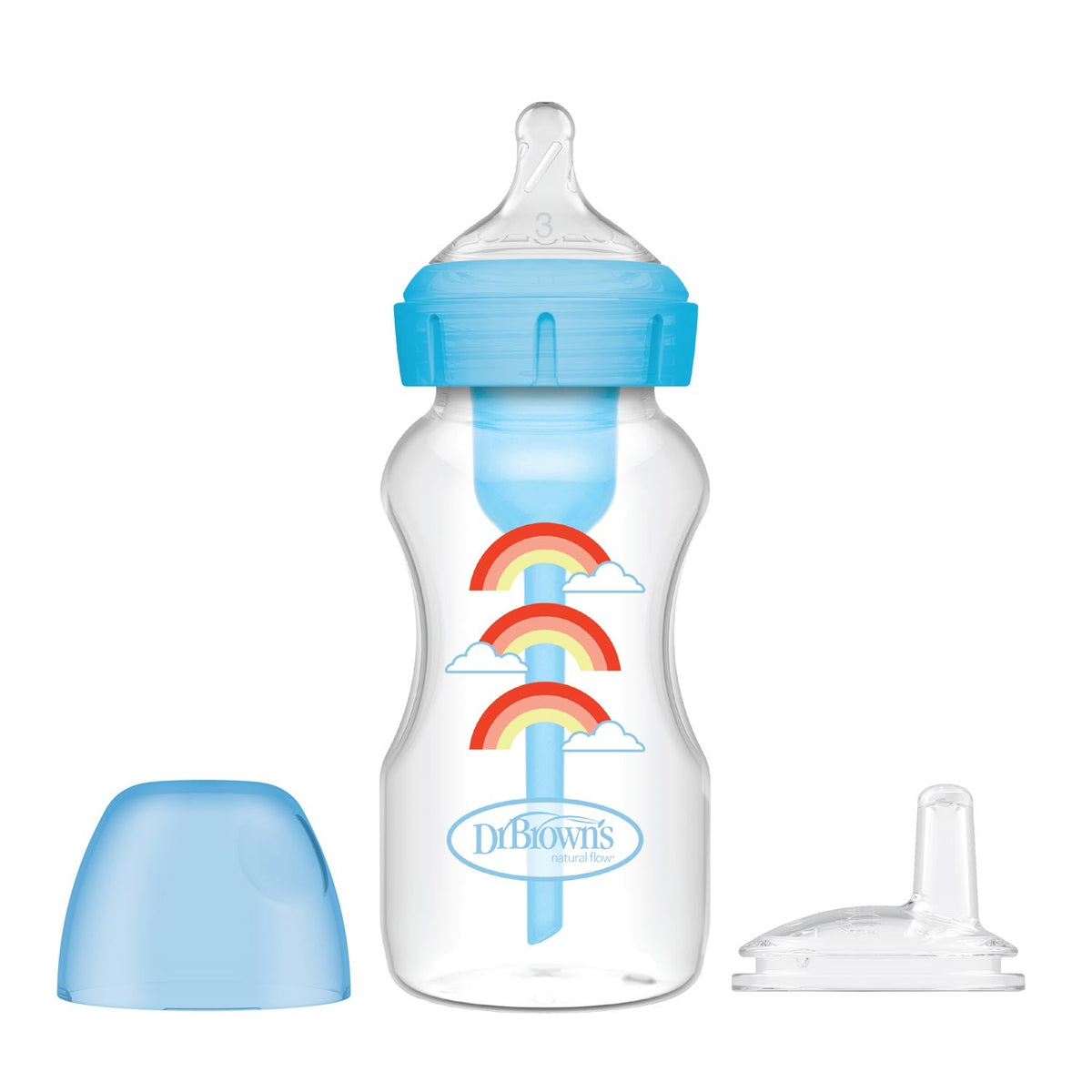 Options+ Wide-Neck Bottle 270 ml with Level 3 Nipple and Sippy Spout, Blue, 6m+