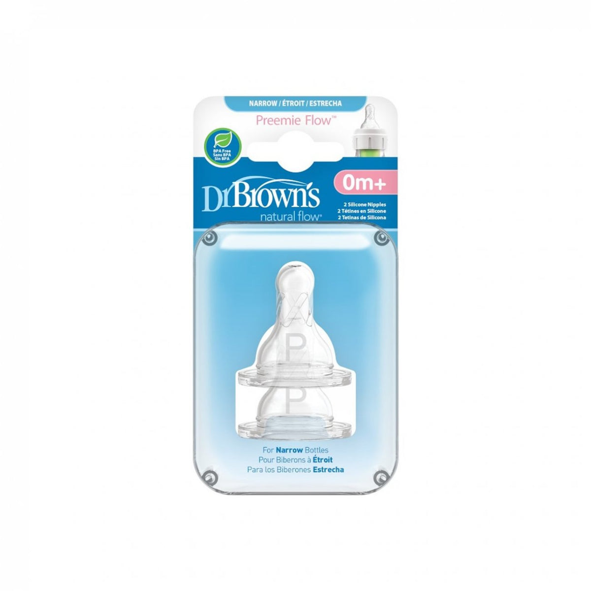 Narrow Preemie Nipples 0m+ Slow Flow, 2 Pack
