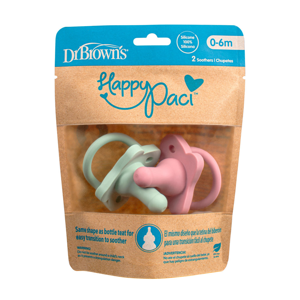 HappyPaci Silicone Soothers 0m+, Pink and Green, 2-Pack