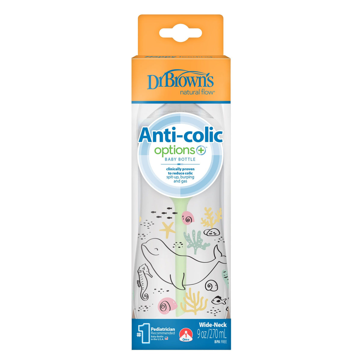 Anti-Colic Options+ Wide-Neck Baby Bottle, 270ml With Level 1 Teat- Ocean Whale