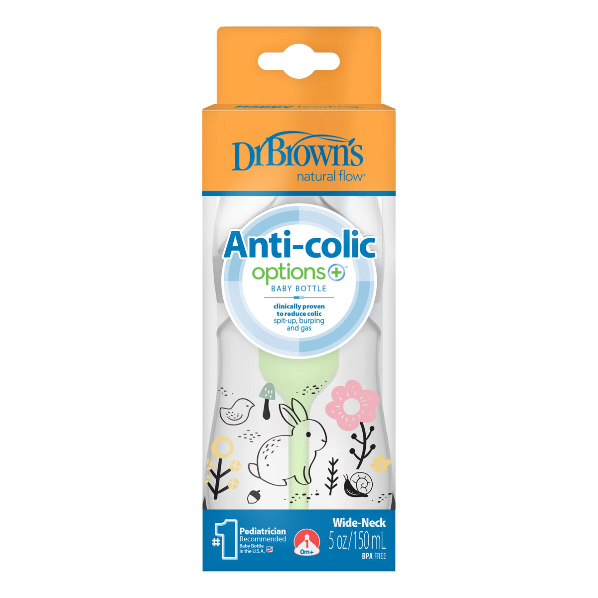 Anti-Colic Options+ Wide-Neck Baby Bottle, 150ml – Woodland Bunny With Level 1 Teat