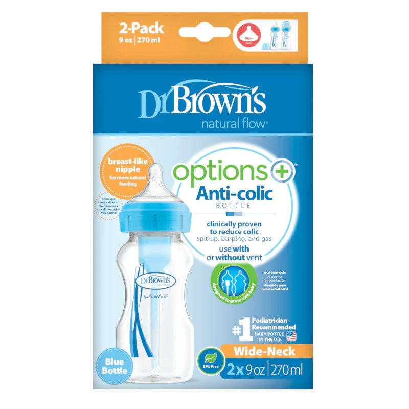 270 Ml Anti-Colic Options+ Wide-Neck Bottle With Level 1 Teat, Twin Pack, Blue