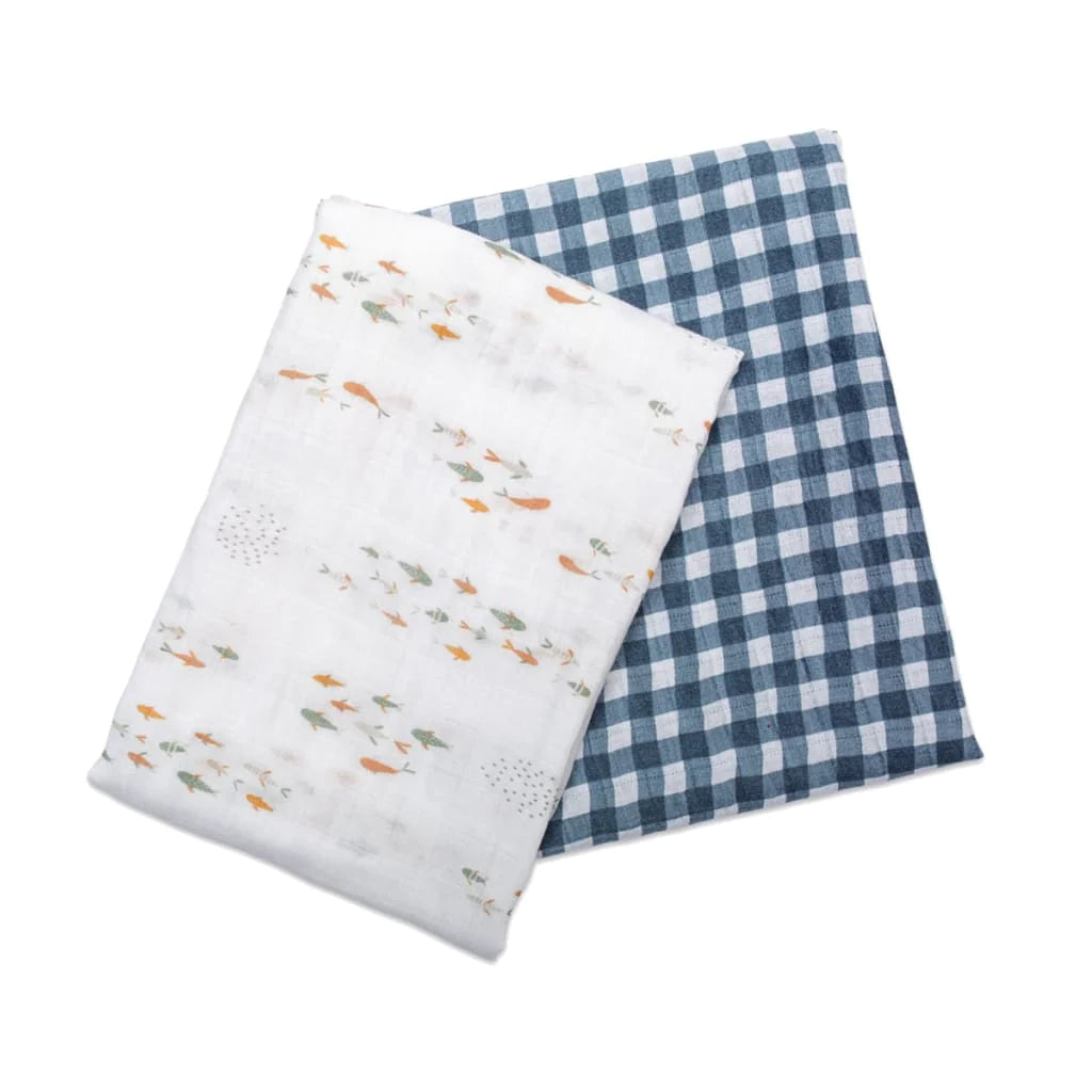 Cotton Muslin Blankets, Pack of 2 - Fish/Gingham
