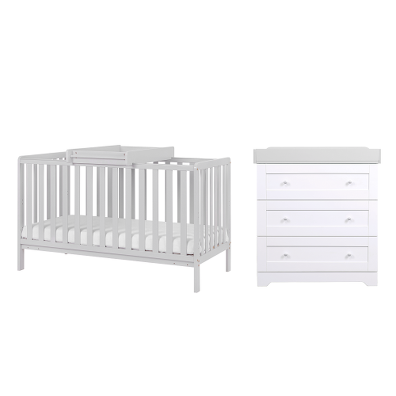Malmo Cot Bed & Mattress with Cot Top Changer and Chest Changer - White/Dove Grey