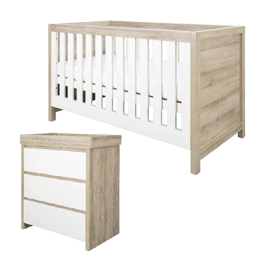 Modena 3 in 1 Cot Bed & Mattress with Changing Unit - White/Oak