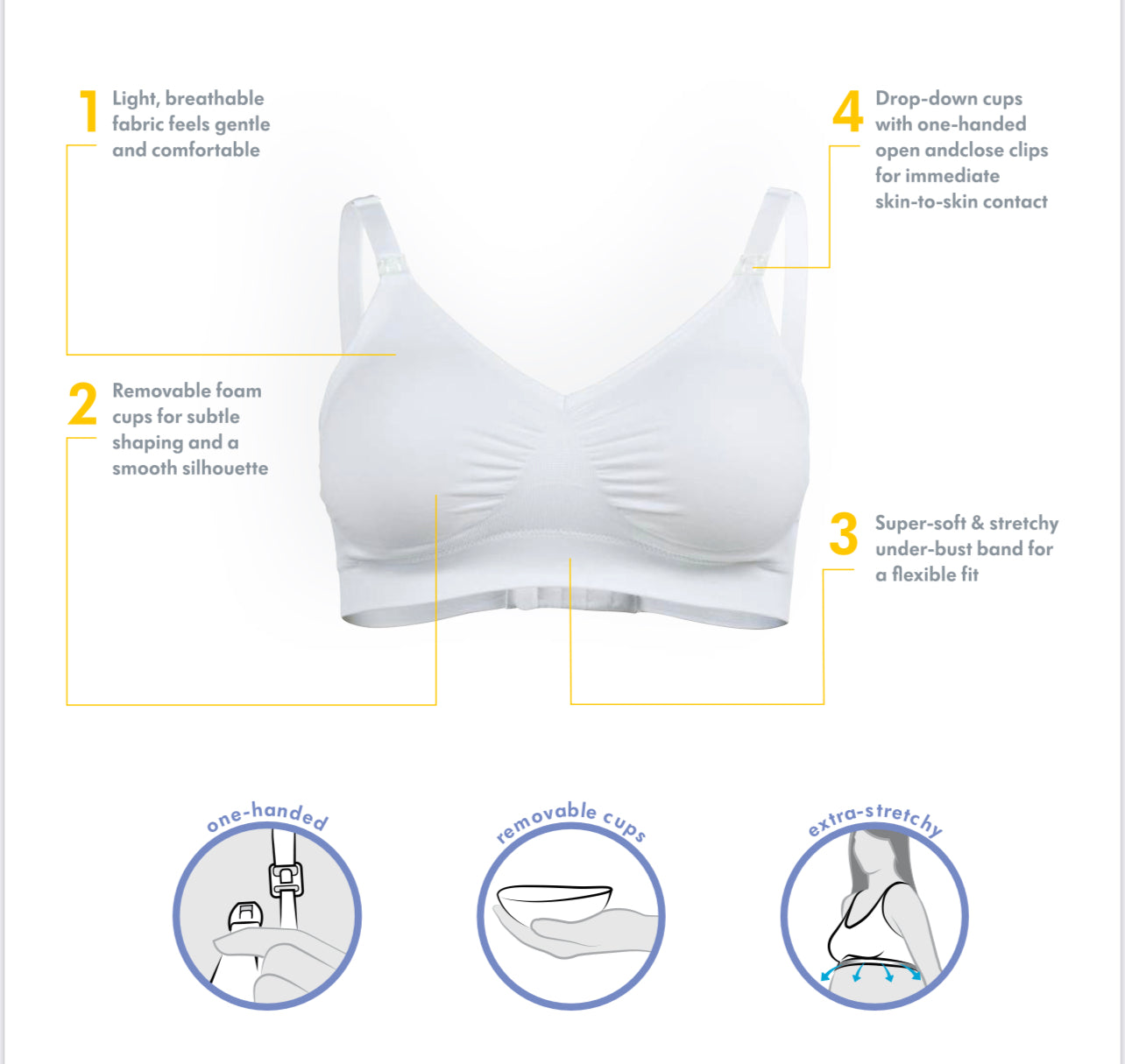 Medela's white comfy seamless bra for pregnancy and breastfeeding