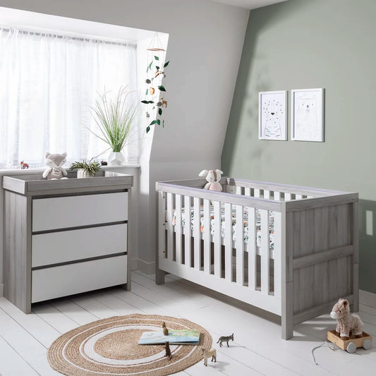 Modena 3 in 1 Cot Bed & Mattress with Changing Unit - Grey Ash/White